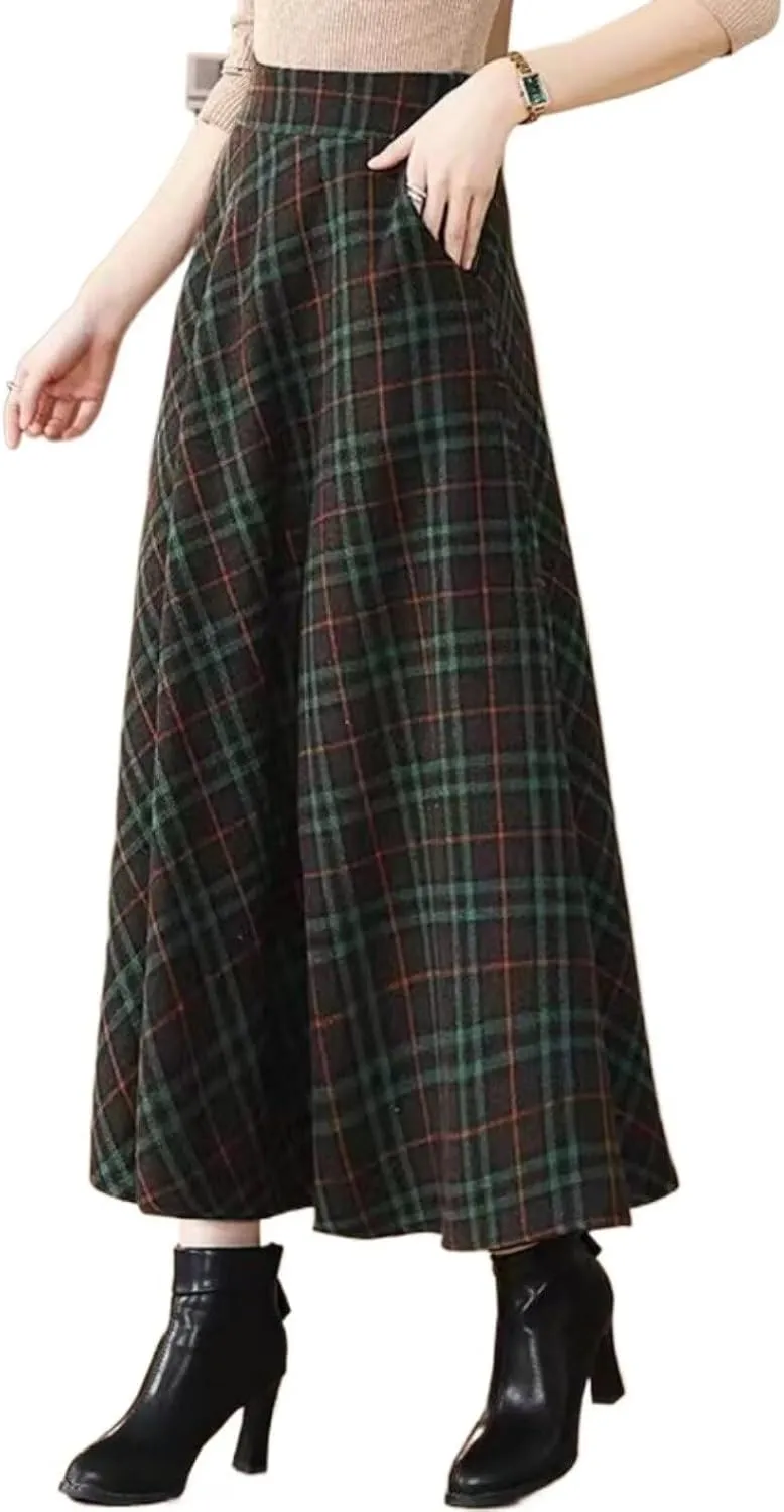 Womens Plaid Skirt Y2K Warm Elastic Waist Warm Striped Wool A-Line Pleated Elegant Winter Long Skirts