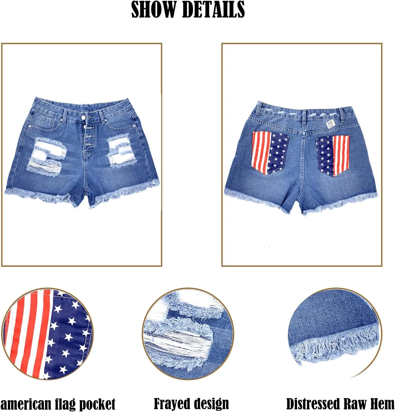 Women's Ripped American Flag Printed Denim Shorts High Waisted Frayed Raw Hem Casual Jeans Shorts