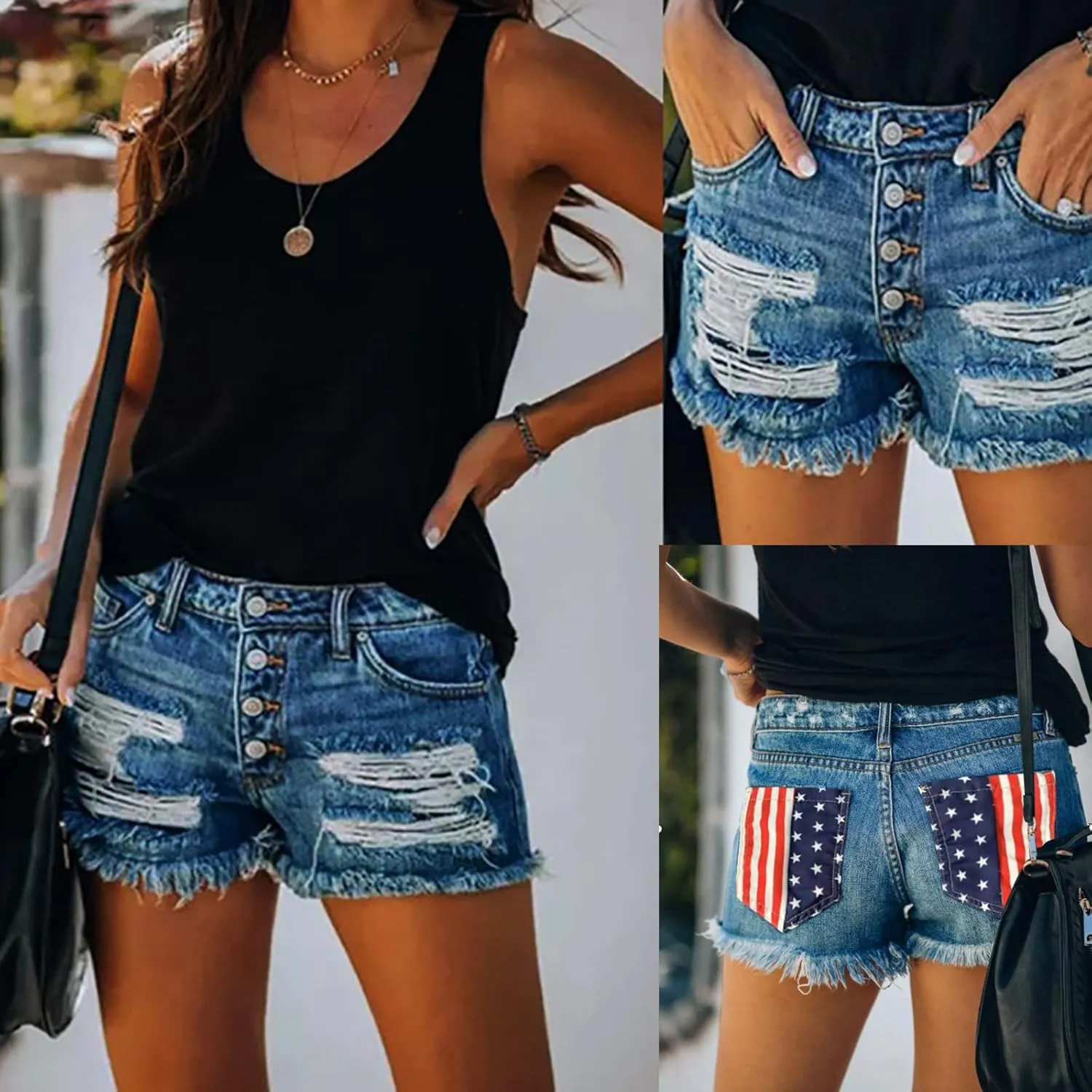 Women's Ripped American Flag Printed Denim Shorts High Waisted Frayed Raw Hem Casual Jeans Shorts