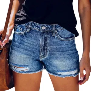Women's Ripped American Flag Printed Denim Shorts High Waisted Frayed Raw Hem Casual Jeans Shorts