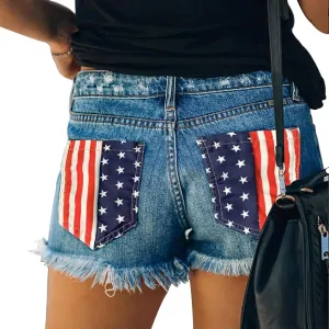 Women's Ripped American Flag Printed Denim Shorts High Waisted Frayed Raw Hem Casual Jeans Shorts