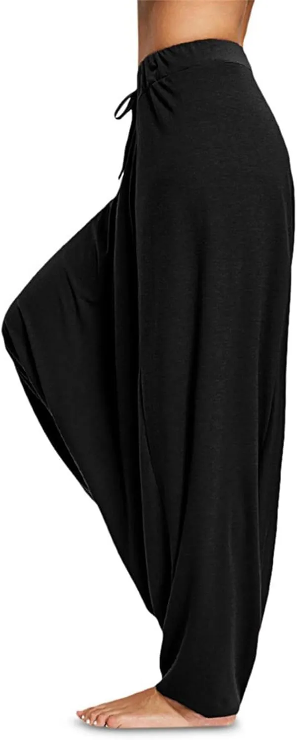 Women's Sexy Sport Wide Leg Pants Floral Print Lace Up Loose High Waist Palazzo Flared Trousers
