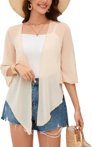 Womens Sheer Shrug Tie Front 3/4 Bell Sleeve Crop Cardigan for Dress Lightweight Summer Chiffon Cover Up