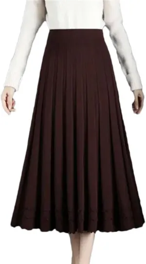 Women's Solid Elastic High Waist Screw Thread Knit Skirt Midi Pleated A-Line Skirt Office Lady Work Skirts