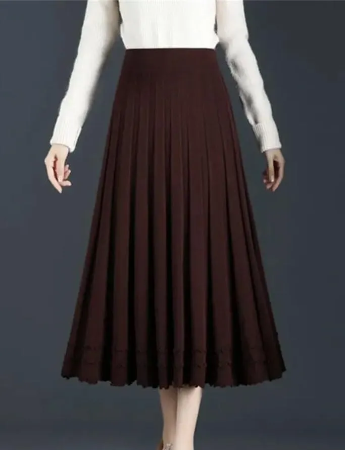 Women's Solid Elastic High Waist Screw Thread Knit Skirt Midi Pleated A-Line Skirt Office Lady Work Skirts