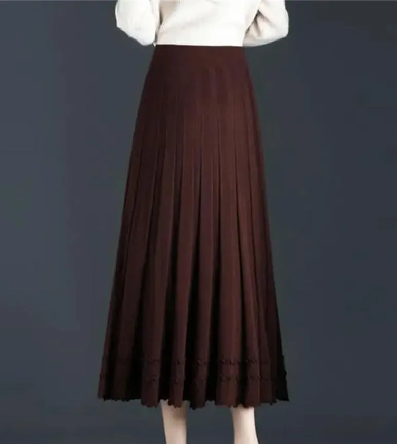 Women's Solid Elastic High Waist Screw Thread Knit Skirt Midi Pleated A-Line Skirt Office Lady Work Skirts
