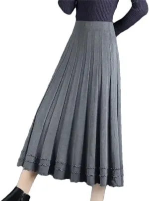 Women's Solid Elastic High Waist Screw Thread Knit Skirt Midi Pleated A-Line Skirt Office Lady Work Skirts