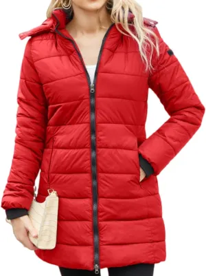Women's Solid Mid-Length Lightweight Water-Resistant Soft Hooded Down Jacket Warm for Winter with Zipper