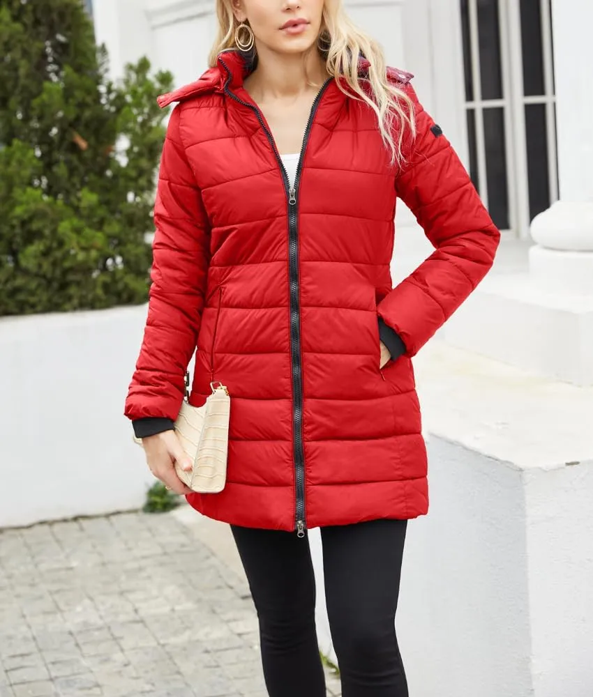 Women's Solid Mid-Length Lightweight Water-Resistant Soft Hooded Down Jacket Warm for Winter with Zipper