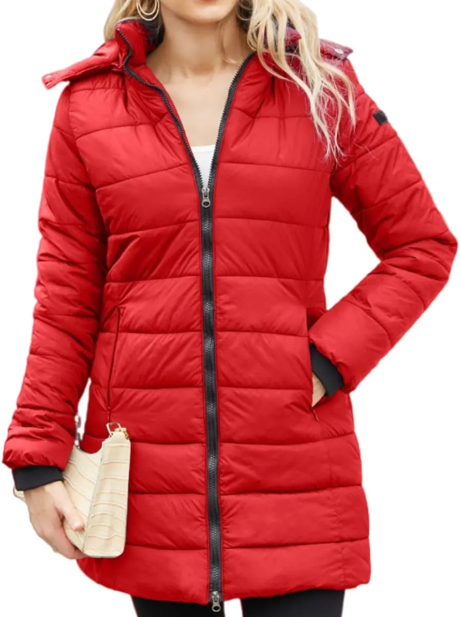 Women's Solid Mid-Length Lightweight Water-Resistant Soft Hooded Down Jacket Warm for Winter with Zipper