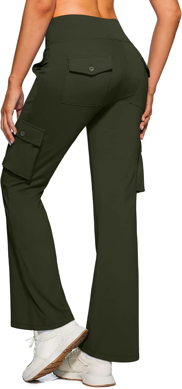 Women's Stretchy Cargo Pants 6 Pockets High Waist Bootcut Flare Leggings for Casual, Work, Travel, Athletic