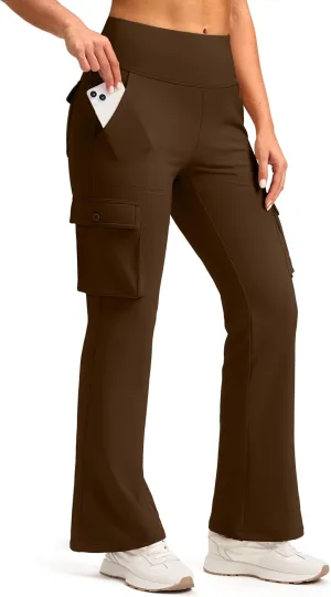Women's Stretchy Cargo Pants 6 Pockets High Waist Bootcut Flare Leggings for Casual, Work, Travel, Athletic