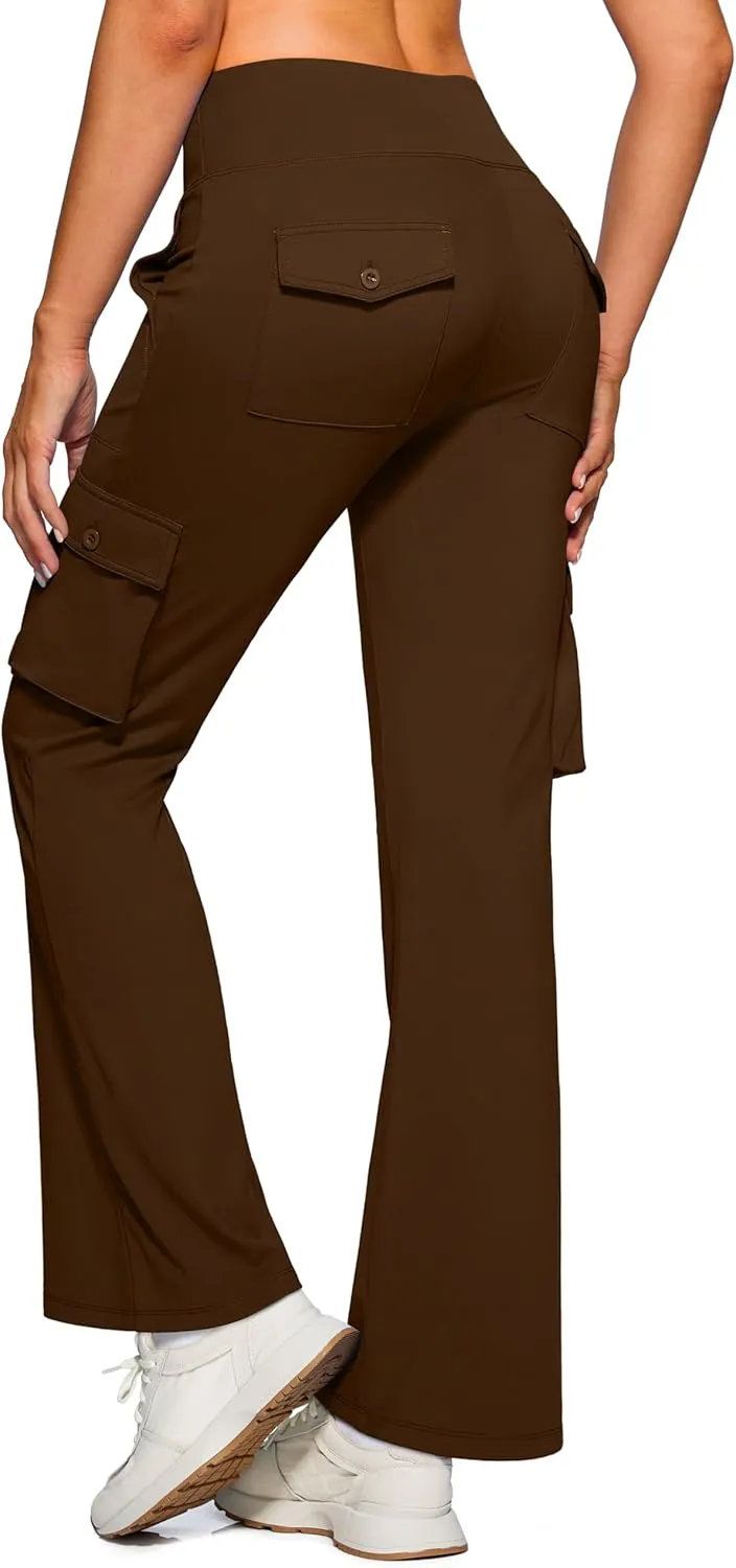 Women's Stretchy Cargo Pants 6 Pockets High Waist Bootcut Flare Leggings for Casual, Work, Travel, Athletic