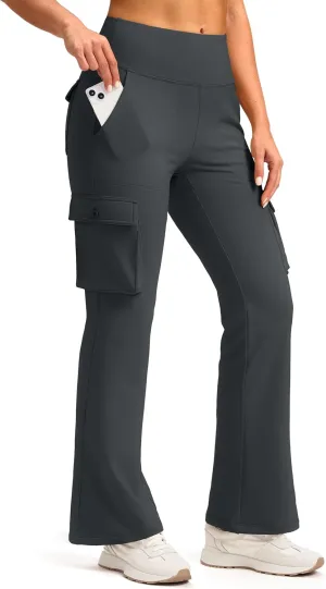 Women's Stretchy Cargo Pants 6 Pockets High Waist Bootcut Flare Leggings for Casual, Work, Travel, Athletic