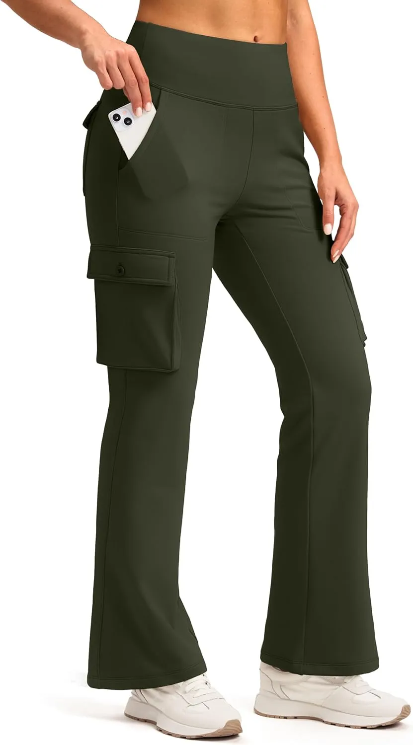 Women's Stretchy Cargo Pants 6 Pockets High Waist Bootcut Flare Leggings for Casual, Work, Travel, Athletic