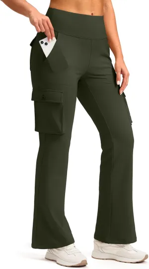 Women's Stretchy Cargo Pants 6 Pockets High Waist Bootcut Flare Leggings for Casual, Work, Travel, Athletic