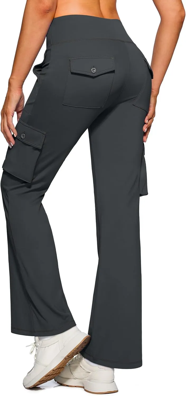 Women's Stretchy Cargo Pants 6 Pockets High Waist Bootcut Flare Leggings for Casual, Work, Travel, Athletic