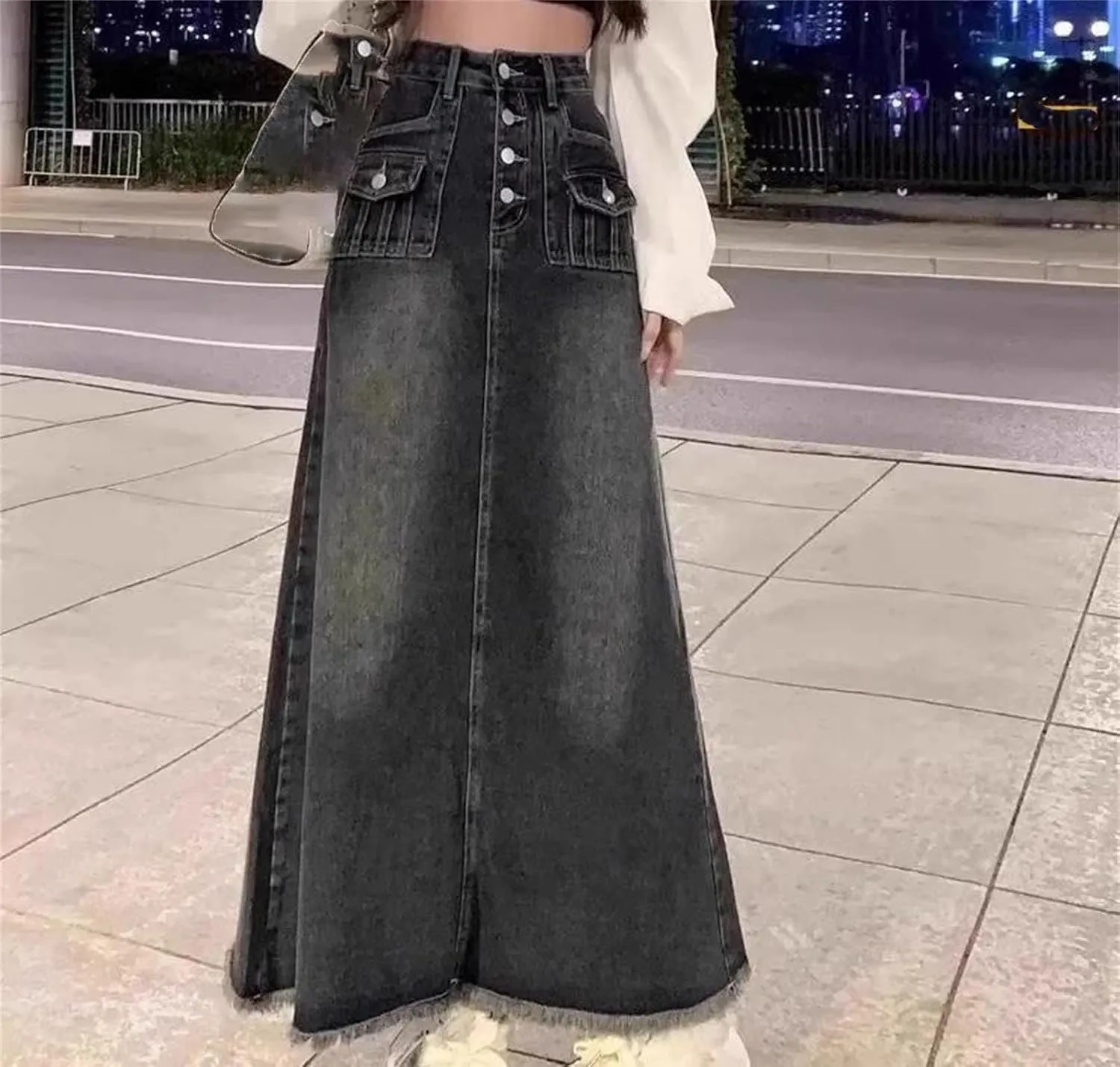 Women's Summer Buttons High-Waisted Denim Skirt Vintage Sexy A- Line Long Jeans Skirts