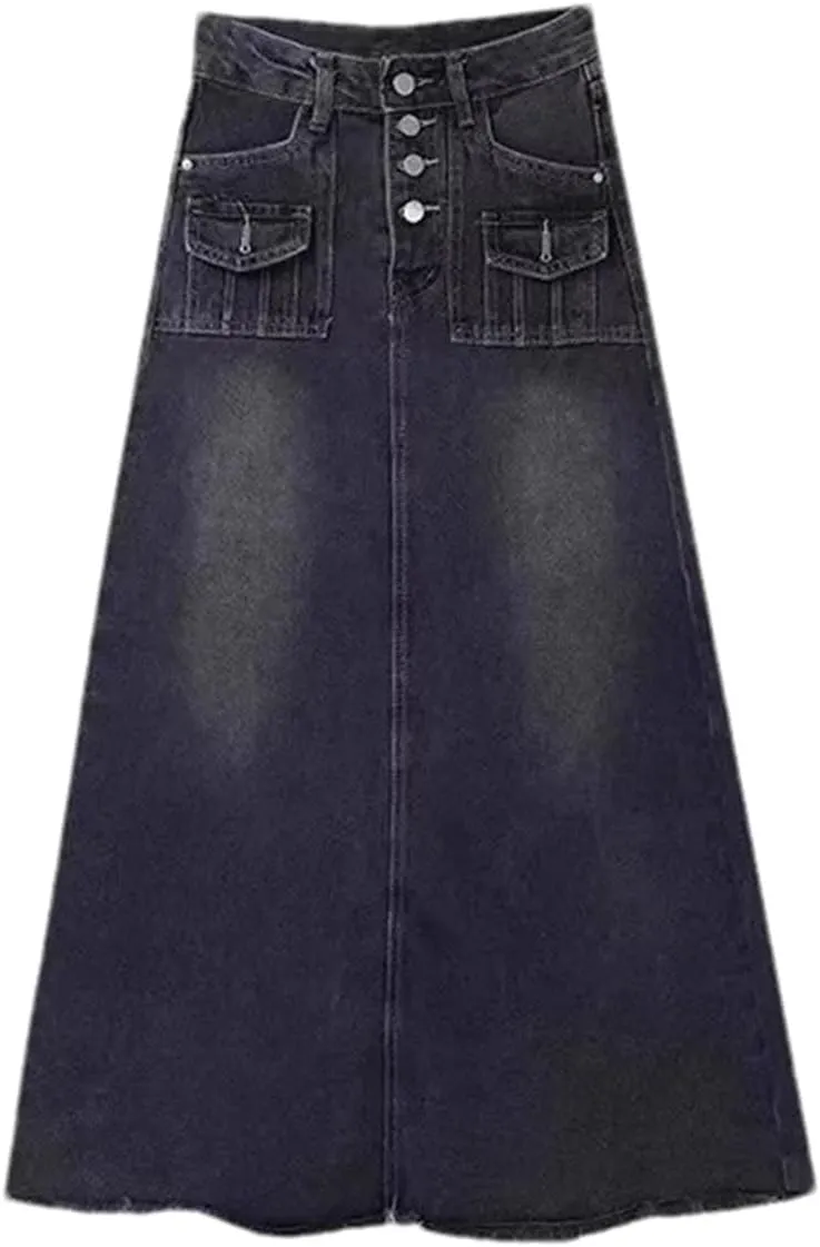 Women's Summer Buttons High-Waisted Denim Skirt Vintage Sexy A- Line Long Jeans Skirts