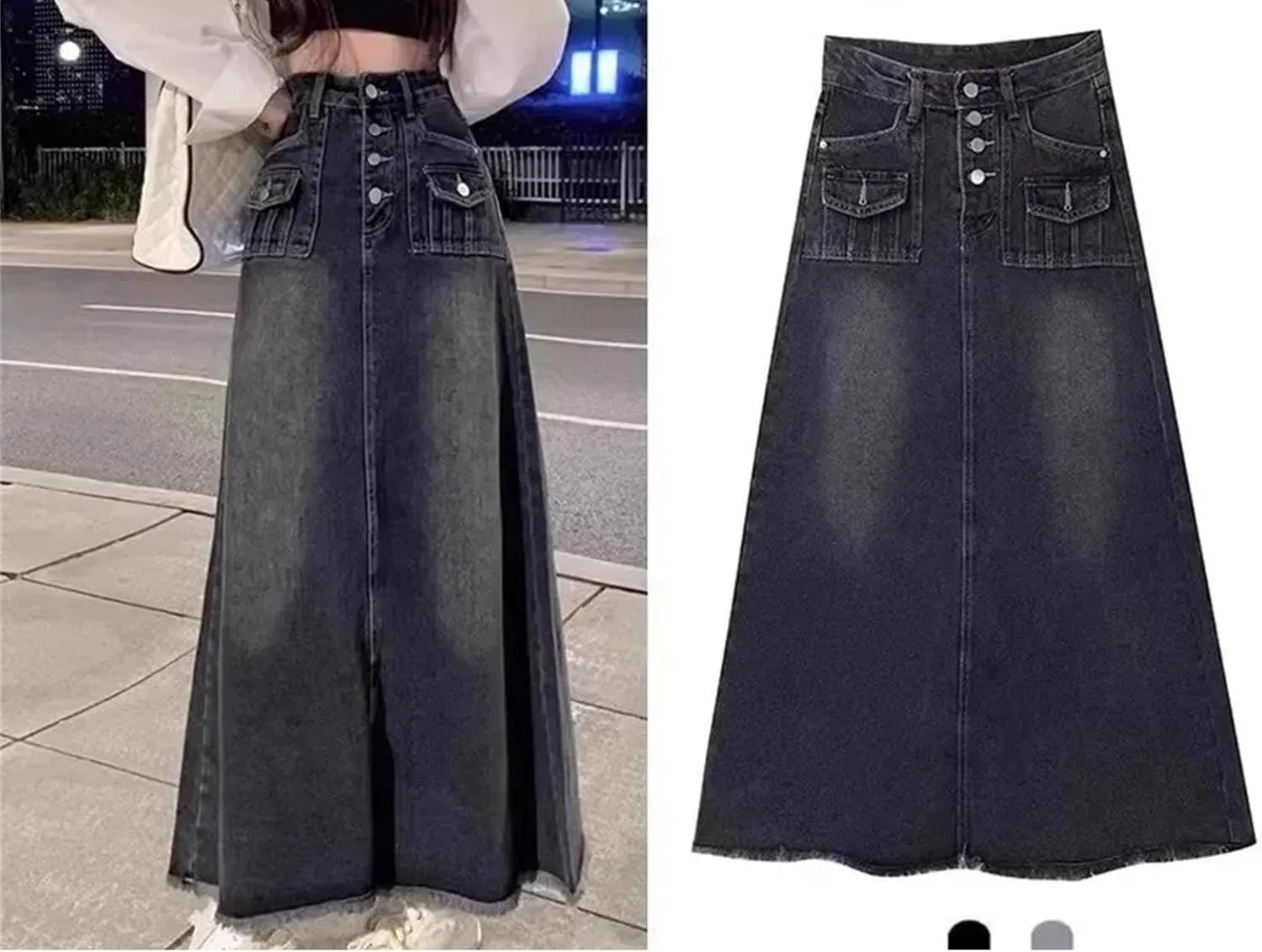 Women's Summer Buttons High-Waisted Denim Skirt Vintage Sexy A- Line Long Jeans Skirts