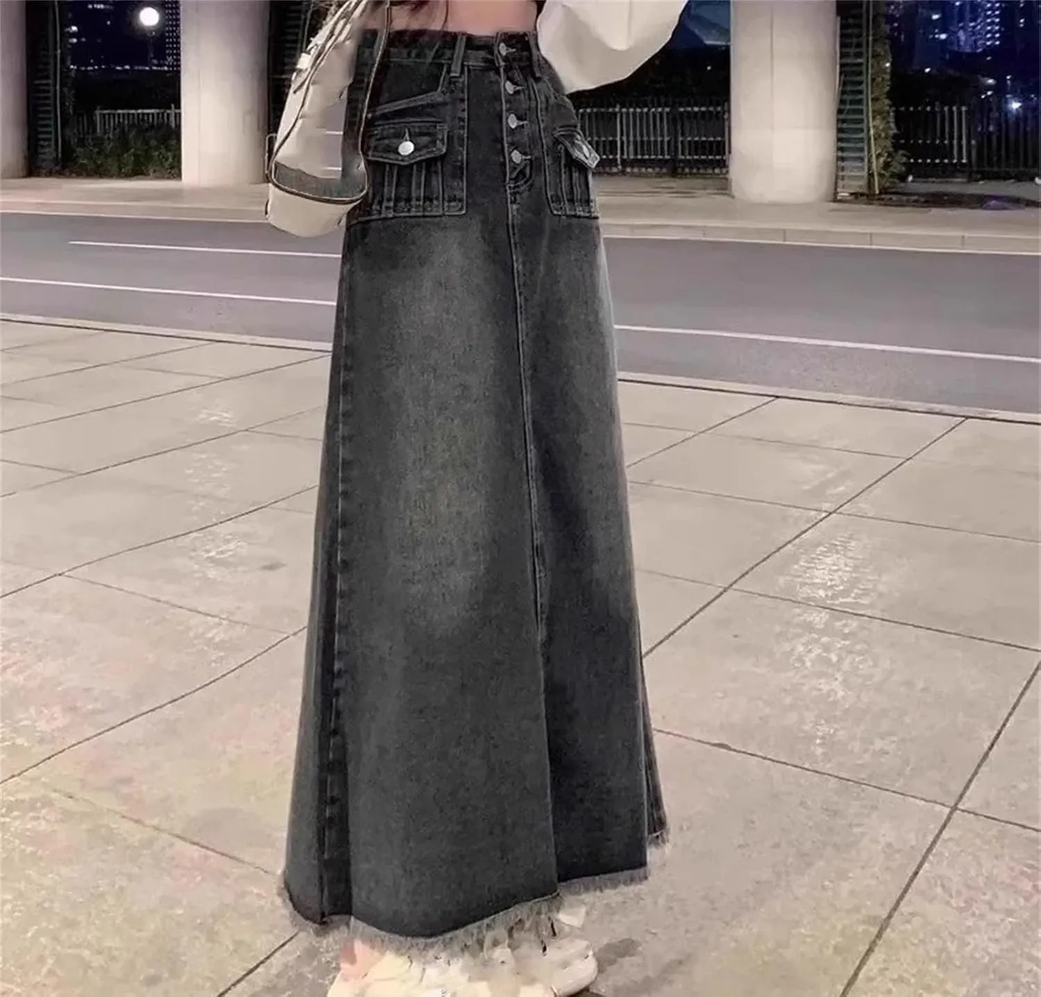Women's Summer Buttons High-Waisted Denim Skirt Vintage Sexy A- Line Long Jeans Skirts