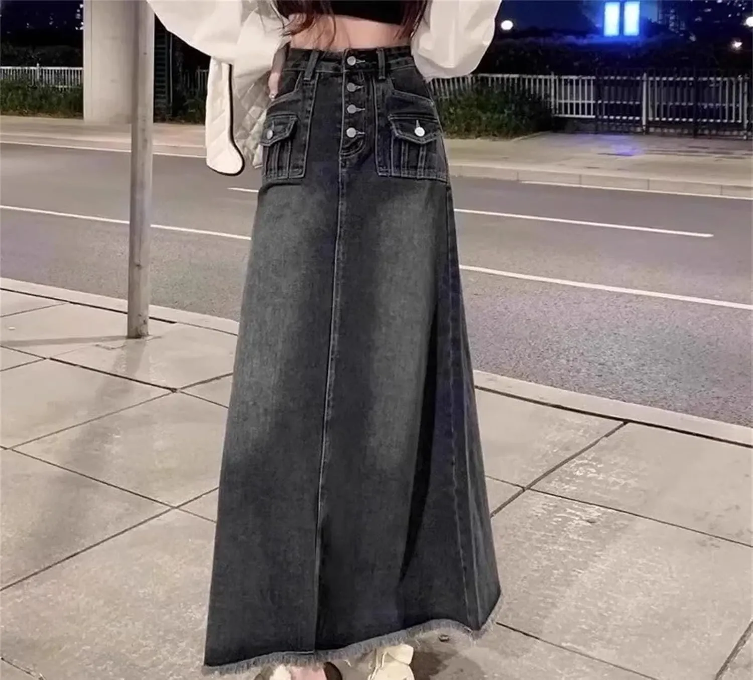Women's Summer Buttons High-Waisted Denim Skirt Vintage Sexy A- Line Long Jeans Skirts