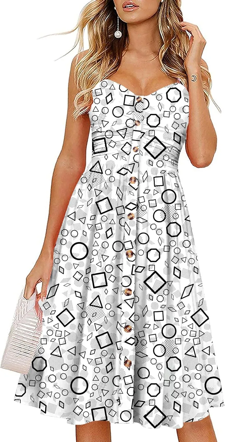 Women's Summer Casual Dress Florals Buttons Down Ruched Sweetheart Neck Sleeveless Midi Sundress
