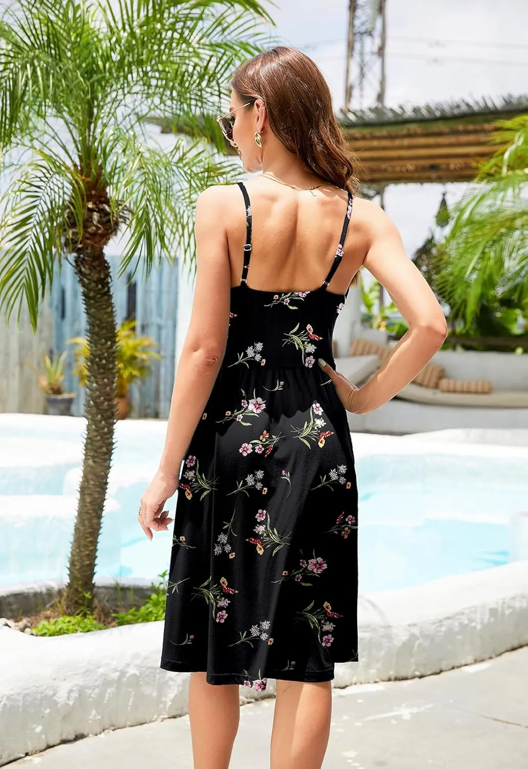 Women's Summer Casual Dress Florals Buttons Down Ruched Sweetheart Neck Sleeveless Midi Sundress