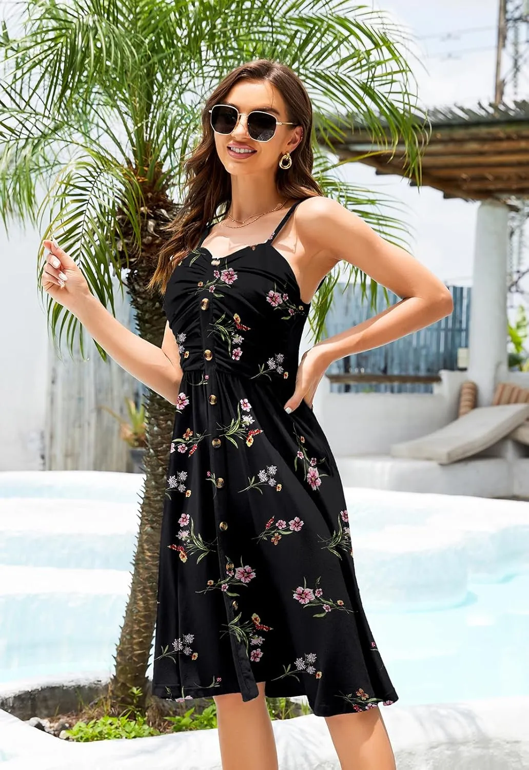 Women's Summer Casual Dress Florals Buttons Down Ruched Sweetheart Neck Sleeveless Midi Sundress