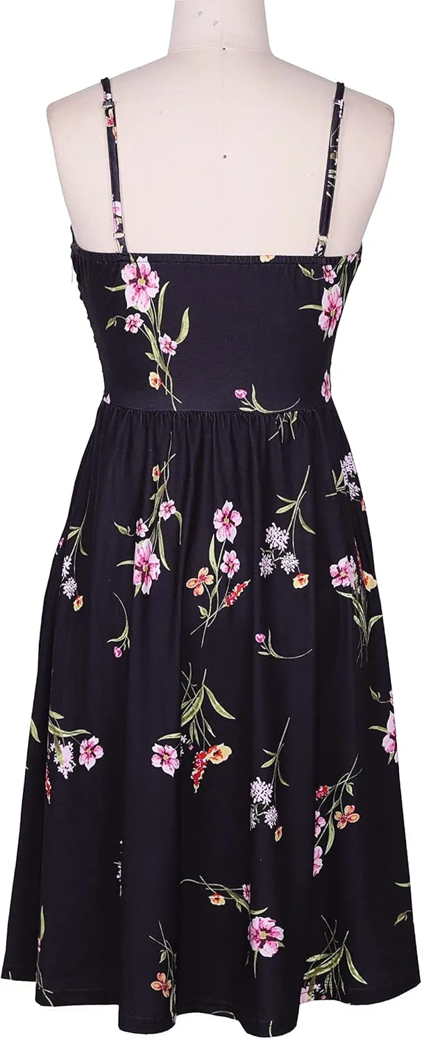 Women's Summer Casual Dress Florals Buttons Down Ruched Sweetheart Neck Sleeveless Midi Sundress