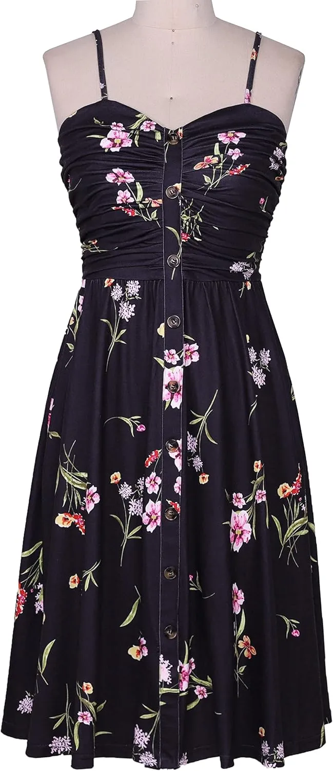 Women's Summer Casual Dress Florals Buttons Down Ruched Sweetheart Neck Sleeveless Midi Sundress