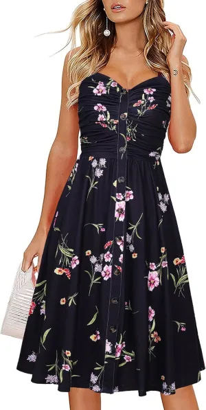 Women's Summer Casual Dress Florals Buttons Down Ruched Sweetheart Neck Sleeveless Midi Sundress