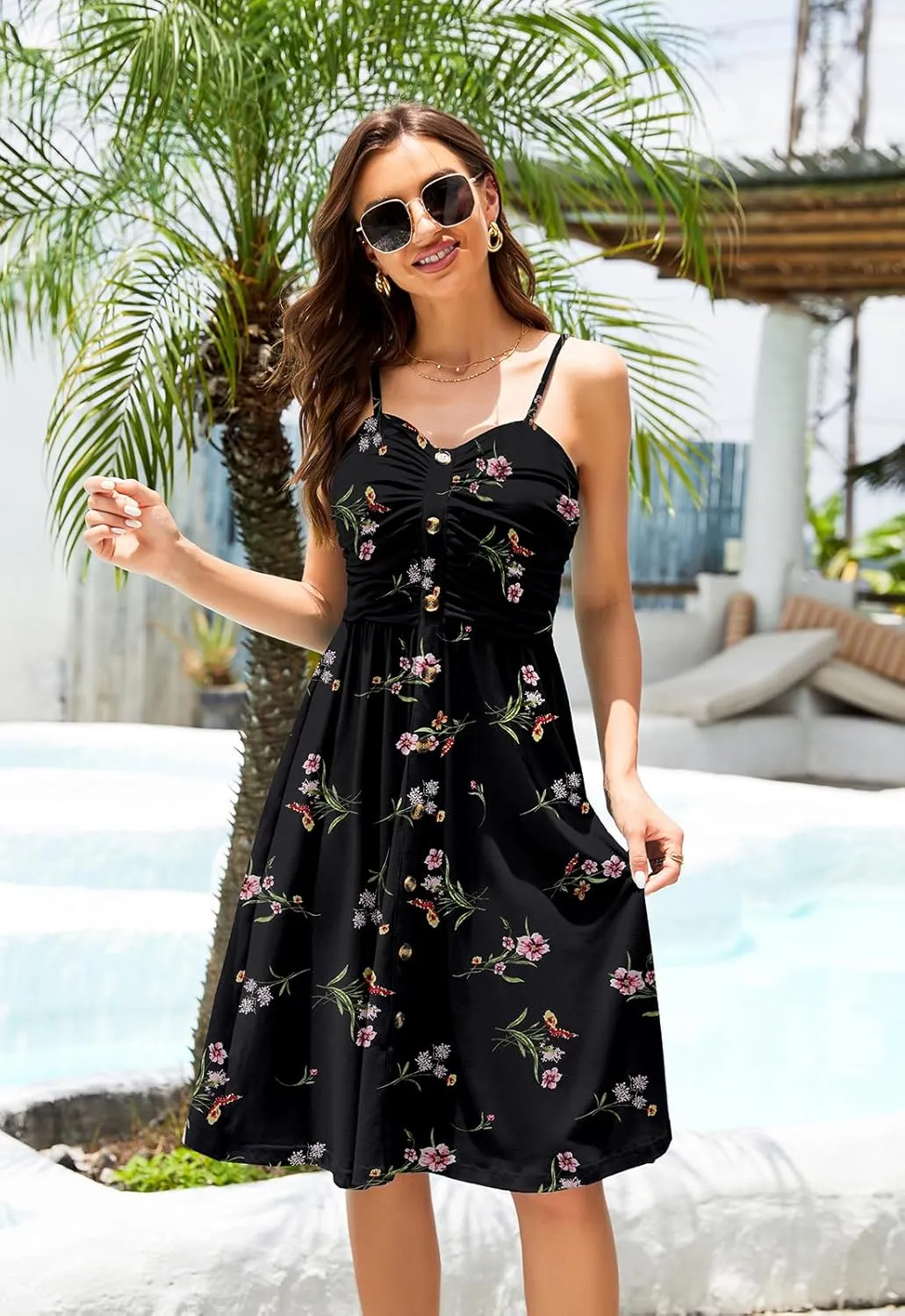 Women's Summer Casual Dress Florals Buttons Down Ruched Sweetheart Neck Sleeveless Midi Sundress