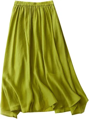 Women's Summer Cotton Linen Casual Midi Skirt, Solid Color Pleated Comfy Breathable Trendy Skirts Vacation Clothes