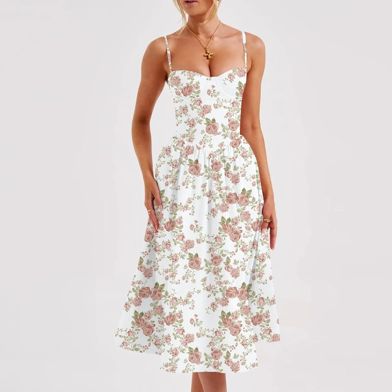 Women's Summer Fall Sexy A-Hem Mid-Length Dress Slim Waist Suspender Dresses for Women