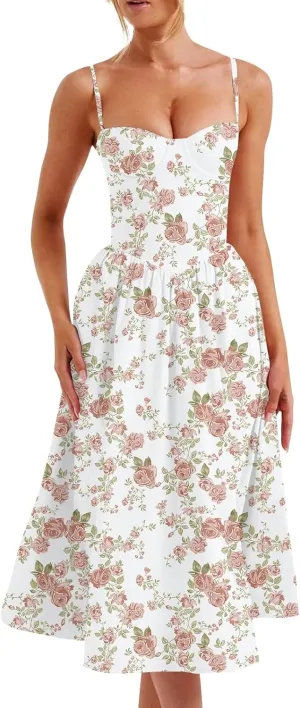 Women's Summer Fall Sexy A-Hem Mid-Length Dress Slim Waist Suspender Dresses for Women