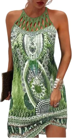 Womens Summer Fashion Vintage Halter Short Dress Crochet Hollow Out Sundresses Boho Floral Geometric Beach Dresses for Women