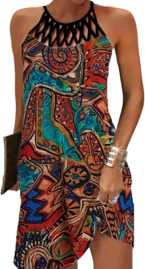 Womens Summer Fashion Vintage Halter Short Dress Crochet Hollow Out Sundresses Boho Floral Geometric Beach Dresses for Women