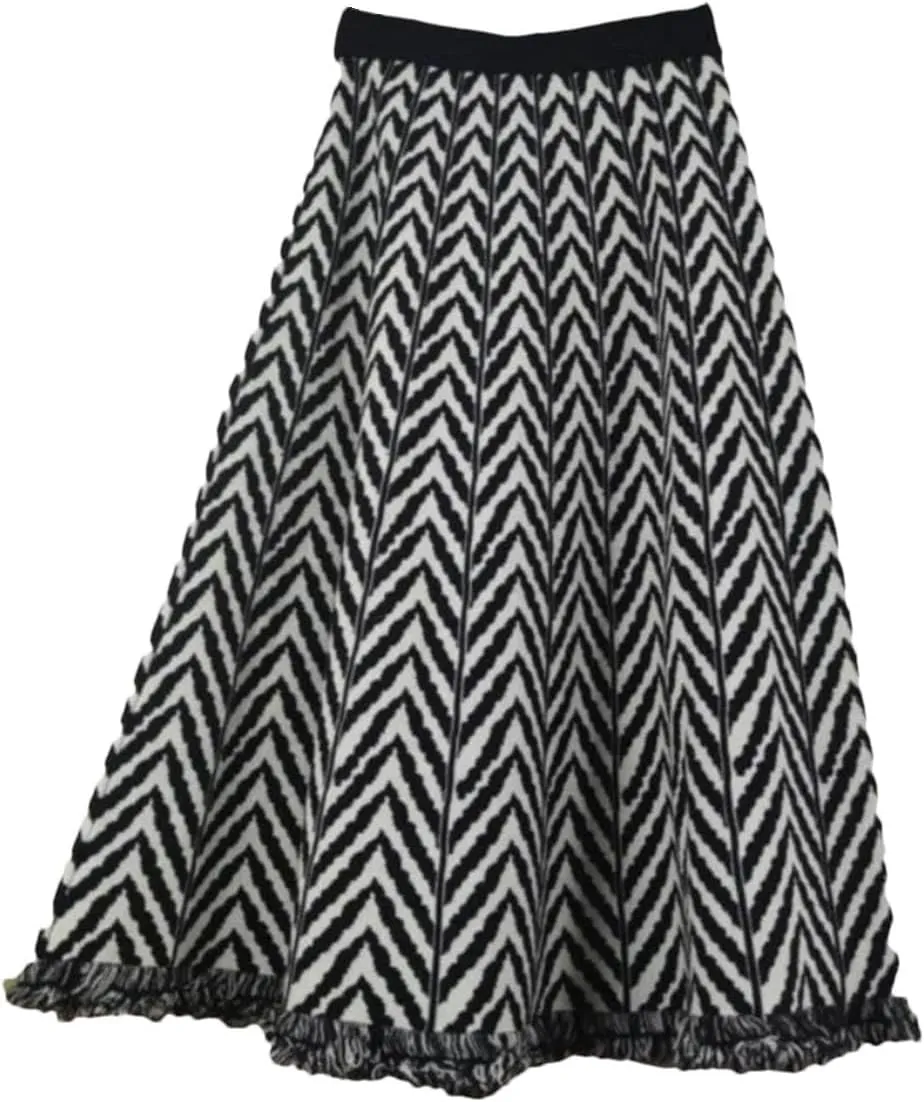 Women's Tassel Pleated Midi Knit Skirt Elastic High Waist A-Line Skirts Ribbed Knit Office Lady Work Skirts