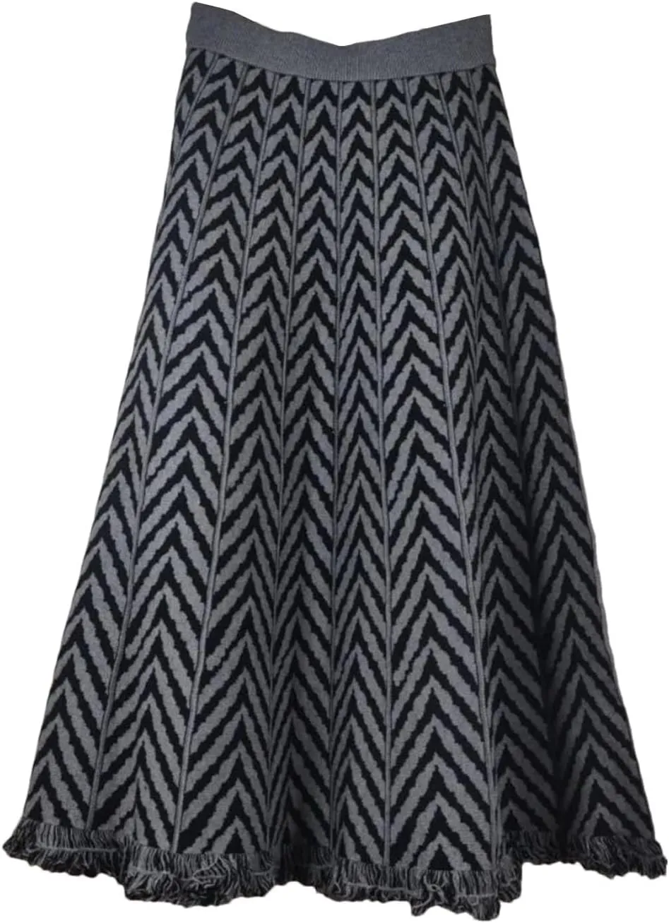Women's Tassel Pleated Midi Knit Skirt Elastic High Waist A-Line Skirts Ribbed Knit Office Lady Work Skirts