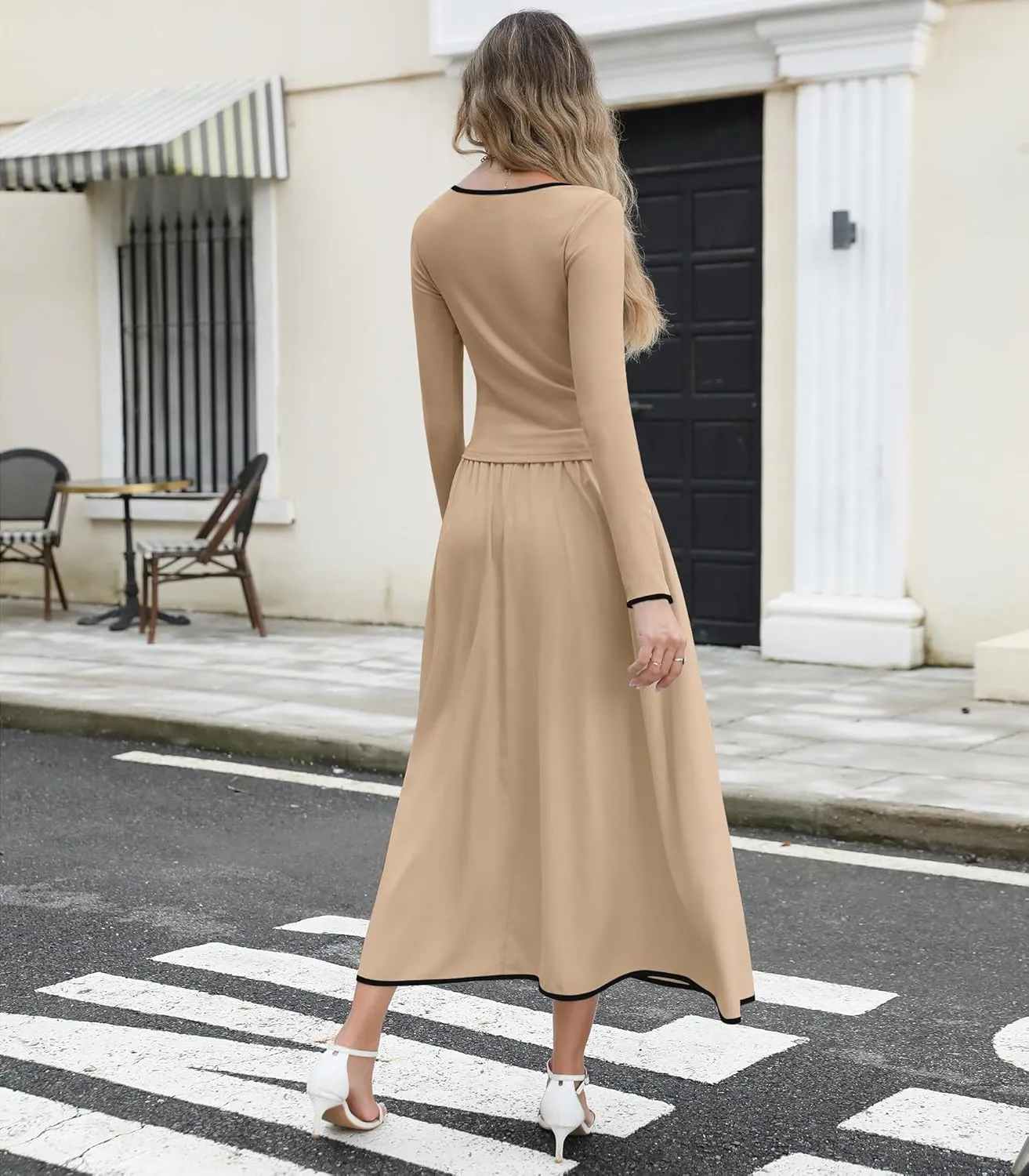 Womens Two Piece Skirt Set 2024 Trendy Fall Outfits Sets Ribbed Knit Long Sleeve Slim Top Midi Skirts with Pockets
