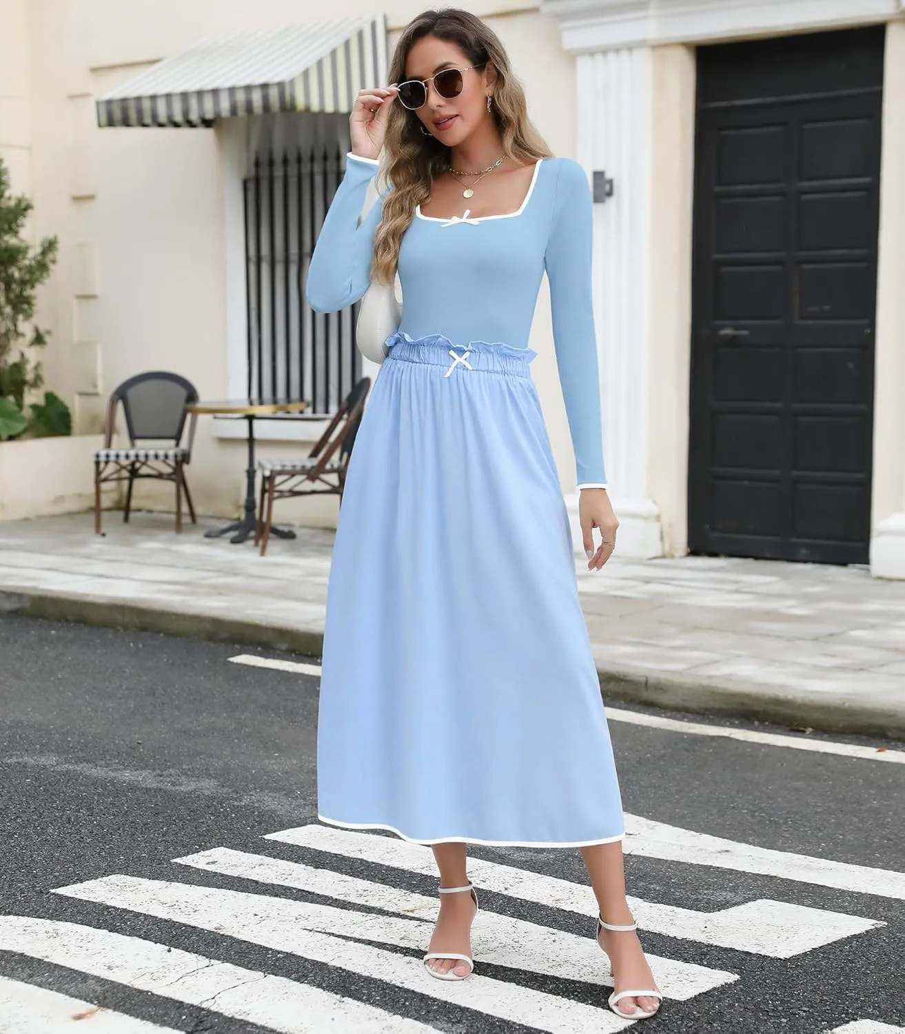 Womens Two Piece Skirt Set 2024 Trendy Fall Outfits Sets Ribbed Knit Long Sleeve Slim Top Midi Skirts with Pockets