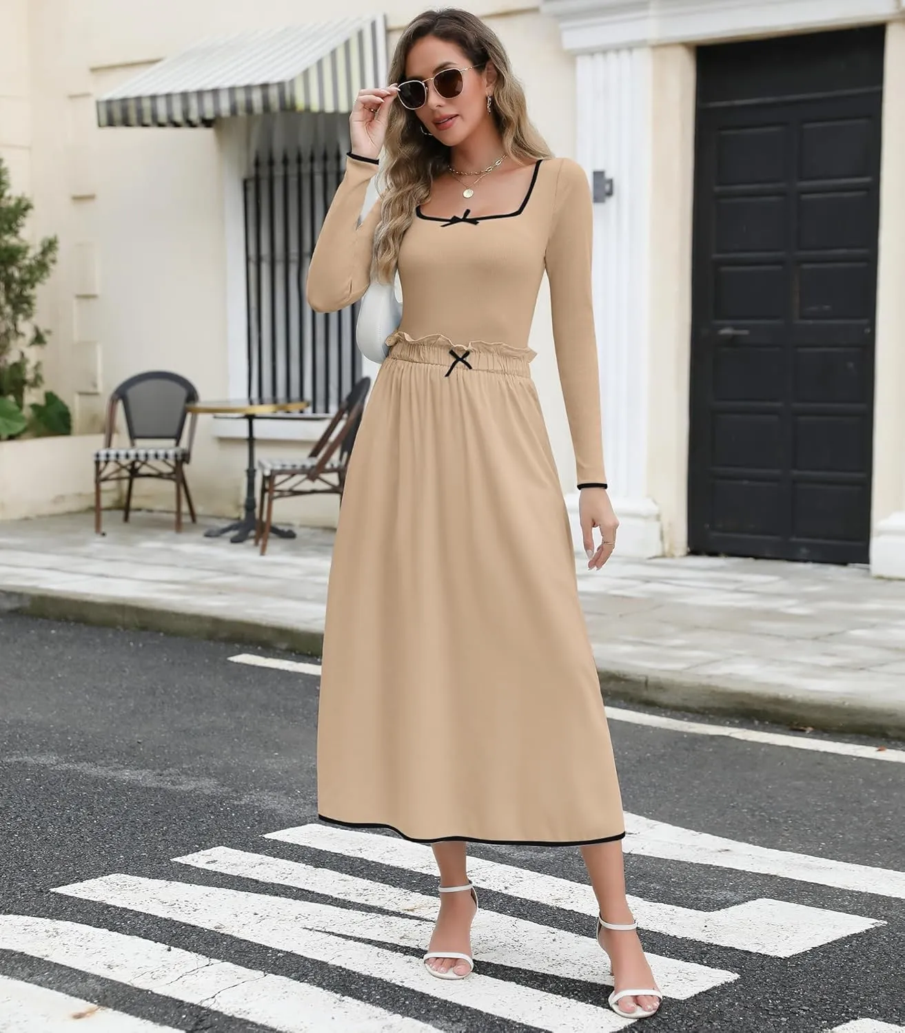 Womens Two Piece Skirt Set 2024 Trendy Fall Outfits Sets Ribbed Knit Long Sleeve Slim Top Midi Skirts with Pockets