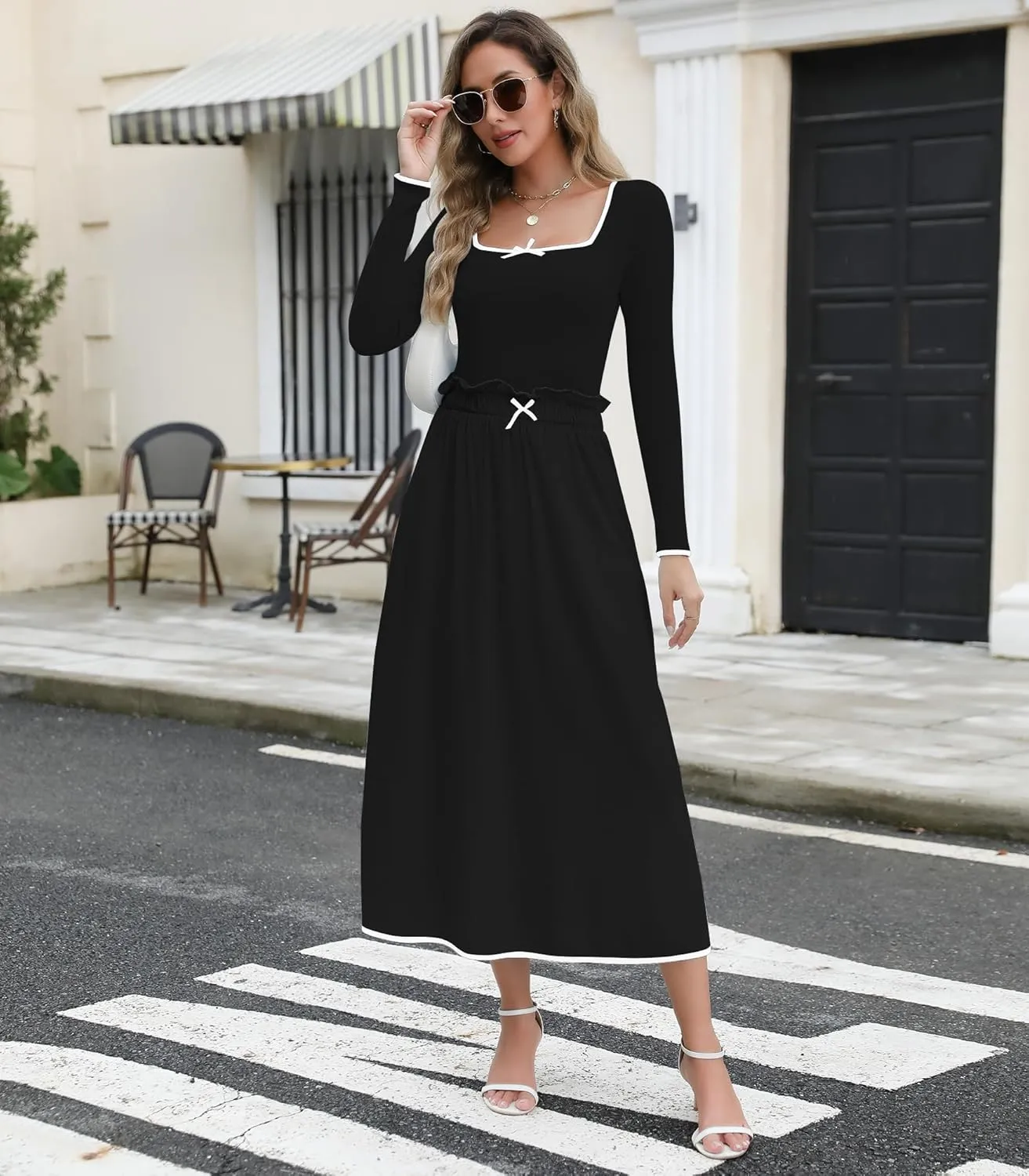 Womens Two Piece Skirt Set 2024 Trendy Fall Outfits Sets Ribbed Knit Long Sleeve Slim Top Midi Skirts with Pockets