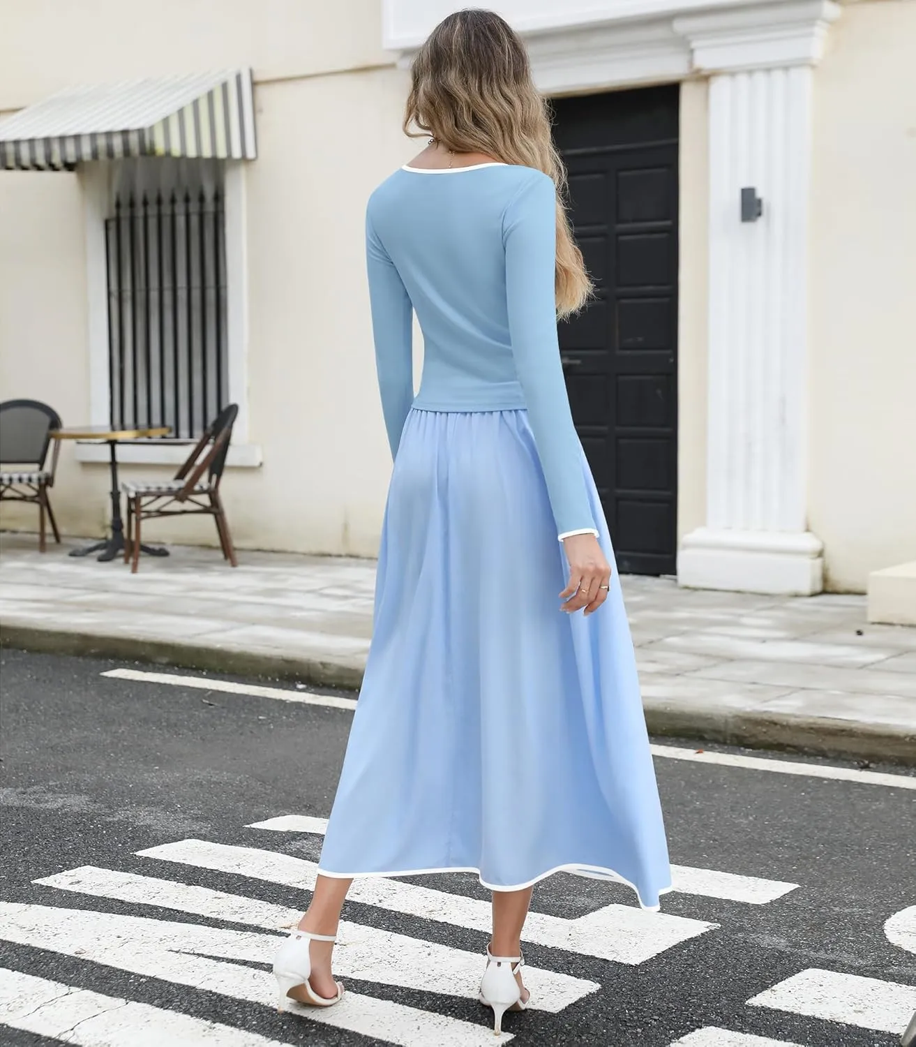 Womens Two Piece Skirt Set 2024 Trendy Fall Outfits Sets Ribbed Knit Long Sleeve Slim Top Midi Skirts with Pockets