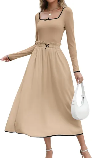 Womens Two Piece Skirt Set 2024 Trendy Fall Outfits Sets Ribbed Knit Long Sleeve Slim Top Midi Skirts with Pockets