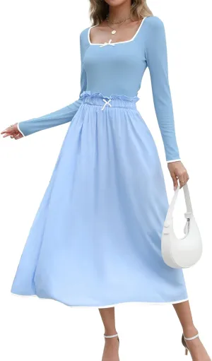 Womens Two Piece Skirt Set 2024 Trendy Fall Outfits Sets Ribbed Knit Long Sleeve Slim Top Midi Skirts with Pockets