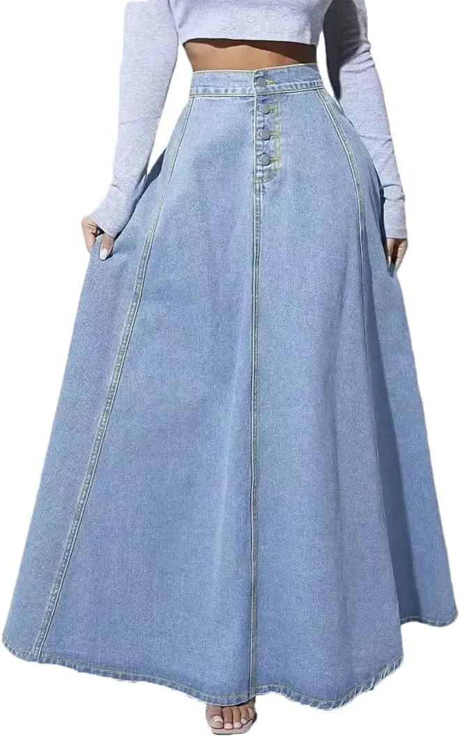 Women's Vintage Button-Down Denim Zipper High-Waisted A-Line Skirted for Work Skirt