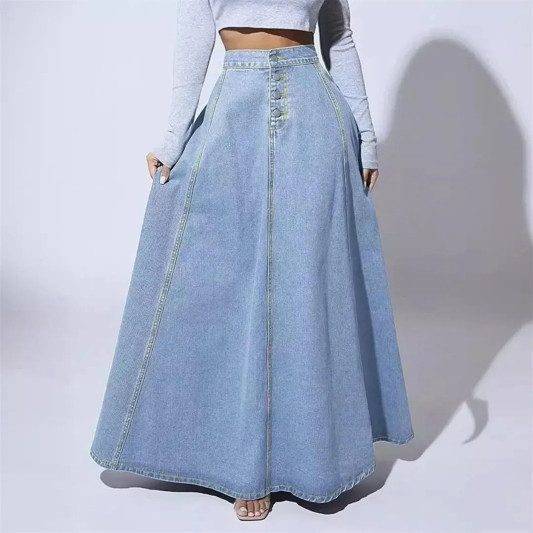 Women's Vintage Button-Down Denim Zipper High-Waisted A-Line Skirted for Work Skirt