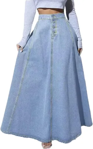 Women's Vintage Button-Down Denim Zipper High-Waisted A-Line Skirted for Work Skirt